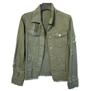 Olive Sage Green M Distressed Denim Trucker Jacket Frayed Hem Utility Grunge